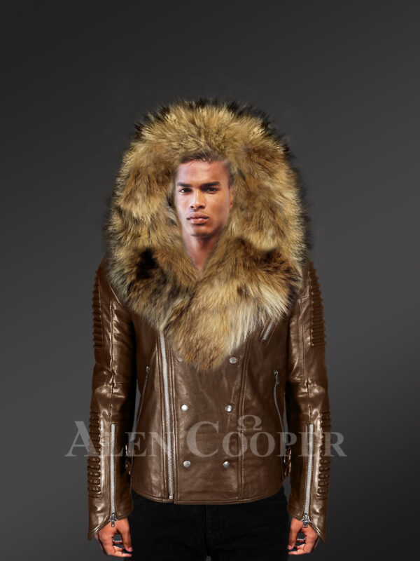 Men’s coffee biker leather jacket with detachable raccoon fur collar and zippered fur hood with Model new