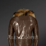 Raccoon fur collar real leather jacket with asymmetrical zipper closure in coffee new Back views