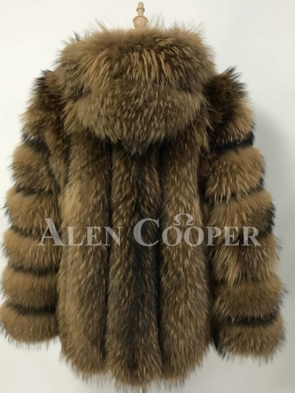 A real and perfect raccoon fur winter vest with hood for women back side view