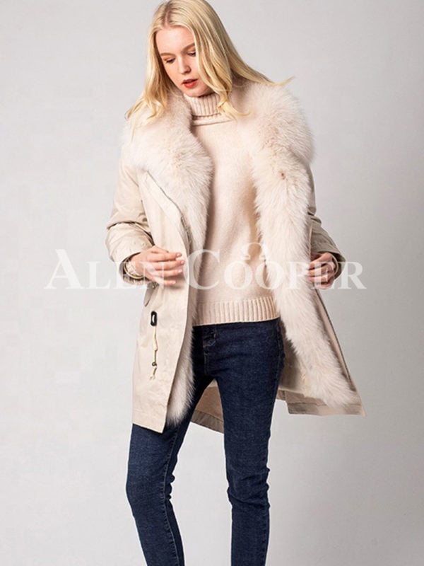 Long and comfortable super warm fur hooded winter parka for women in White