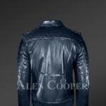 Men’s navy real leather warm winter biker jacket with lapel collar new back view