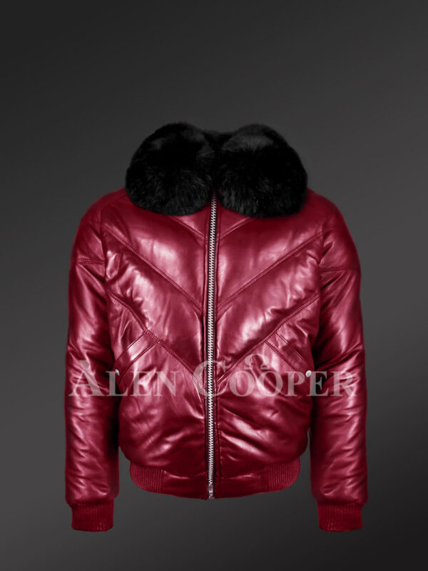 Men’s trendy and traditional real warm real leather v bomber jacket with black fur collar
