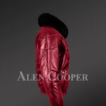 Men’s trendy and traditional real warm real leather v bomber jacket with black fur collar back view