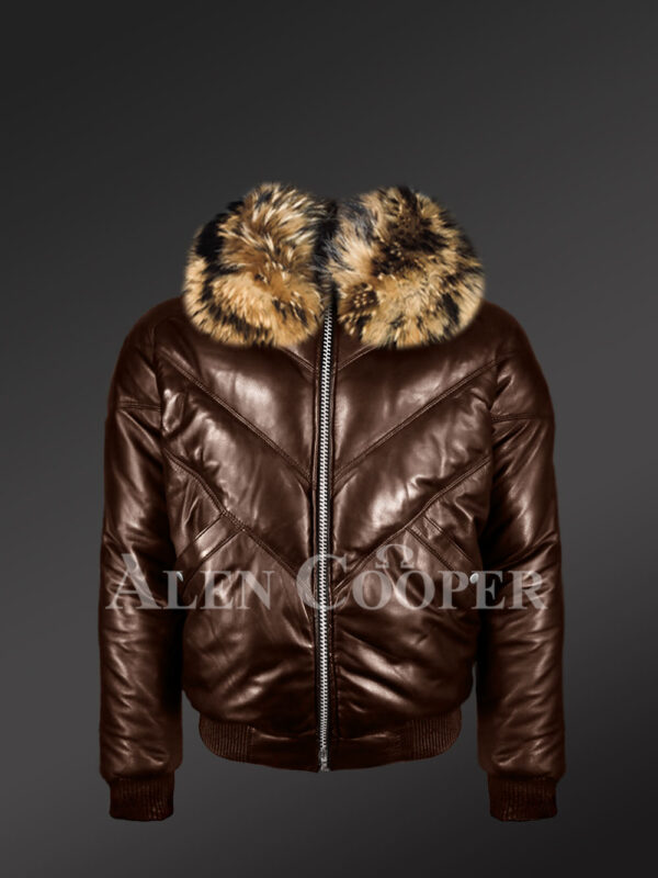 New Men’s 100% real leather coffee v bomber winter jacket with raccoon fur collar