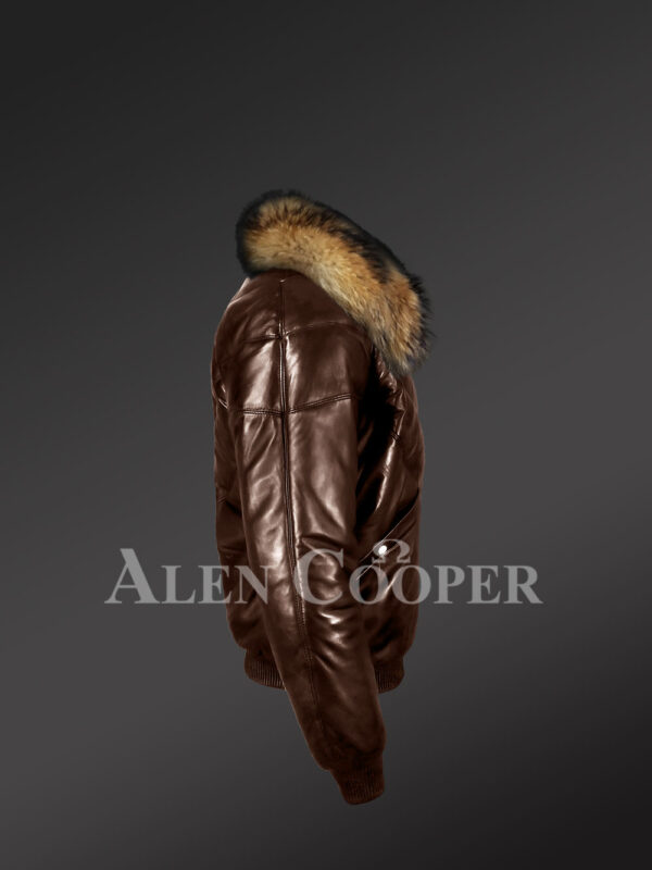 New Men’s 100% real leather coffee v bomber winter jacket with raccoon fur collar model side view