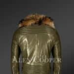 New Real raccoon fur collar asymmetrical zipper closure real leather jacket back side view