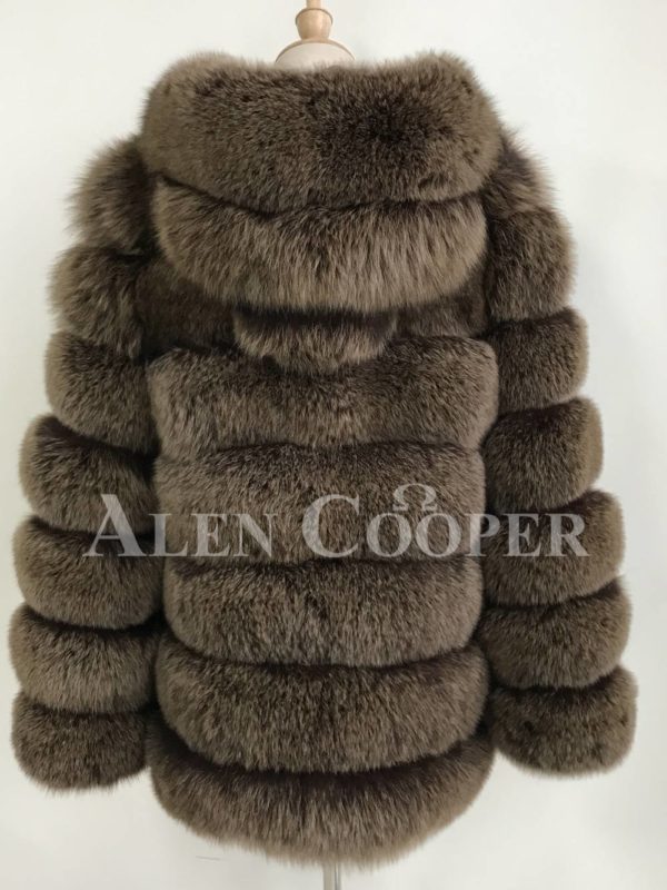 Quilt illusion real fox fur winter vest with protective hood bacvk side view