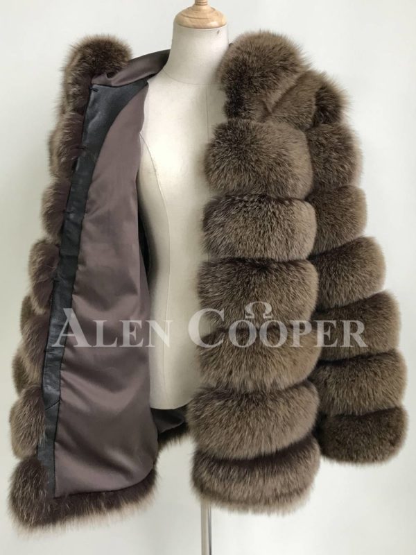 Quilt illusion real fox fur winter vest with protective hood inner view