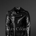 Real leather lapel collar winter biker jacket for men in black new