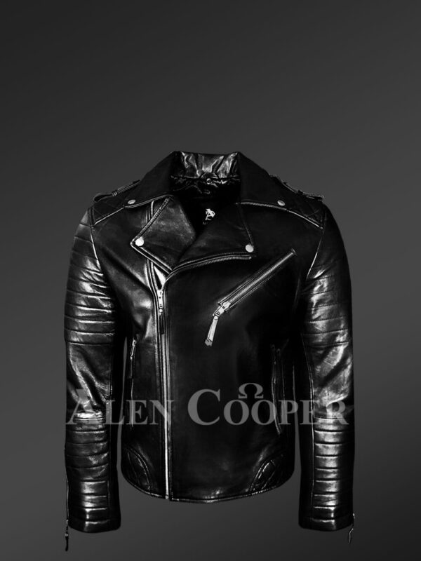 Real leather lapel collar winter biker jacket for men in black new