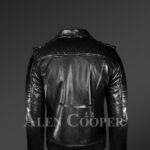 Real leather lapel collar winter biker jacket for men in black new side Back side view