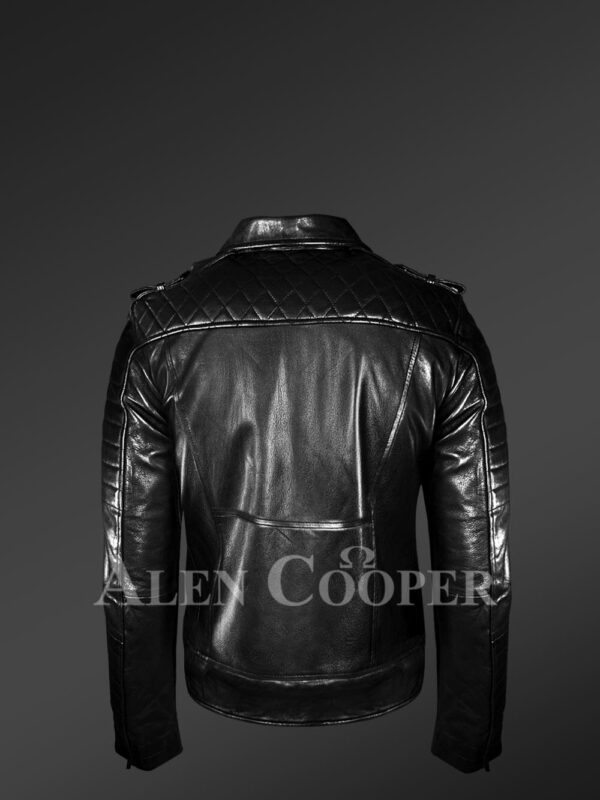 Real leather lapel collar winter biker jacket for men in black new side