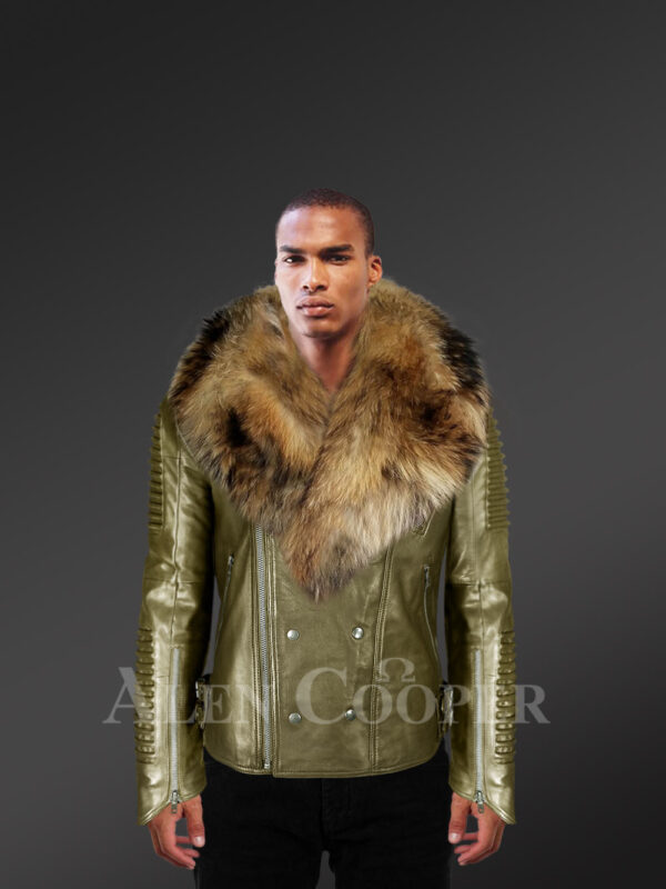 Real raccoon fur collar asymmetrical zipper closure real leather jacket new model