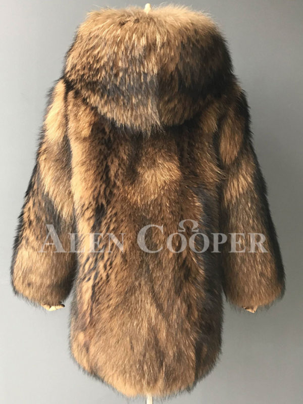 Real raccoon fur winter outerwear with stylish hood for women backside view