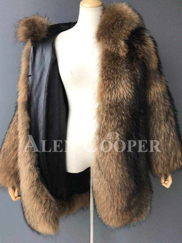 Real raccoon fur winter outerwear with stylish hood for women inner view