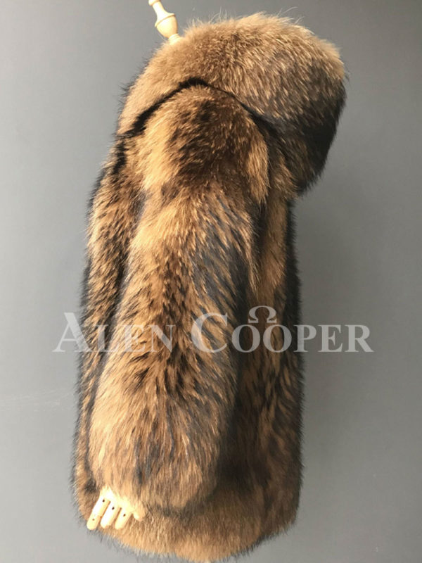 Real raccoon fur winter outerwear with stylish hood for women side view