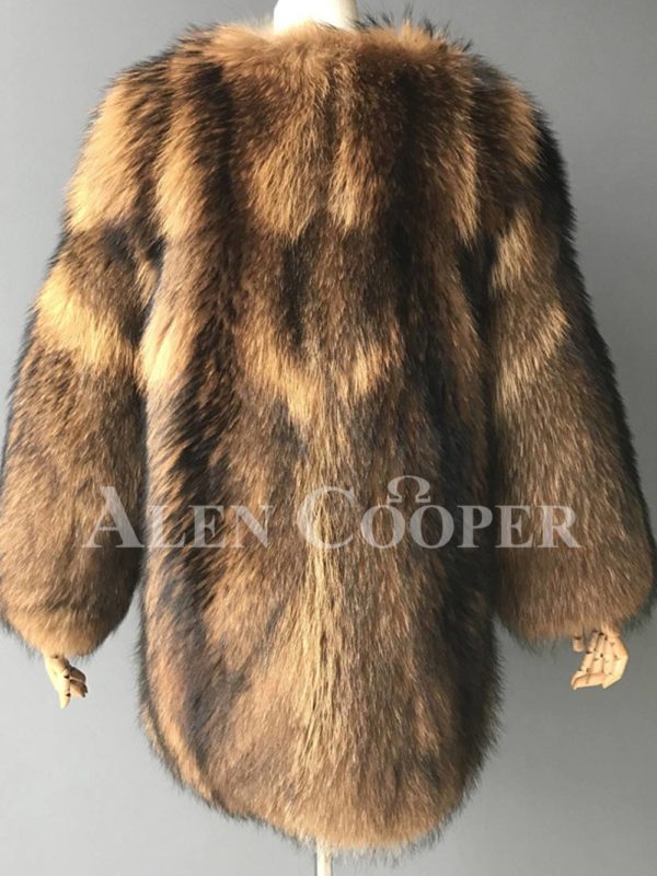 Stylish n floppy real raccoon fur winter outerwear for women back side view