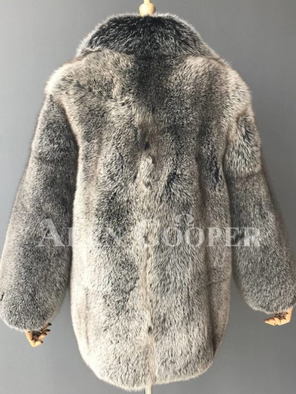 Women’s soft and incredible fox fur winter outerwear back side view
