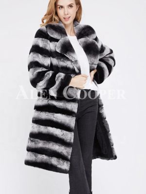 Bi-color long real fur warm winter coat for women side view