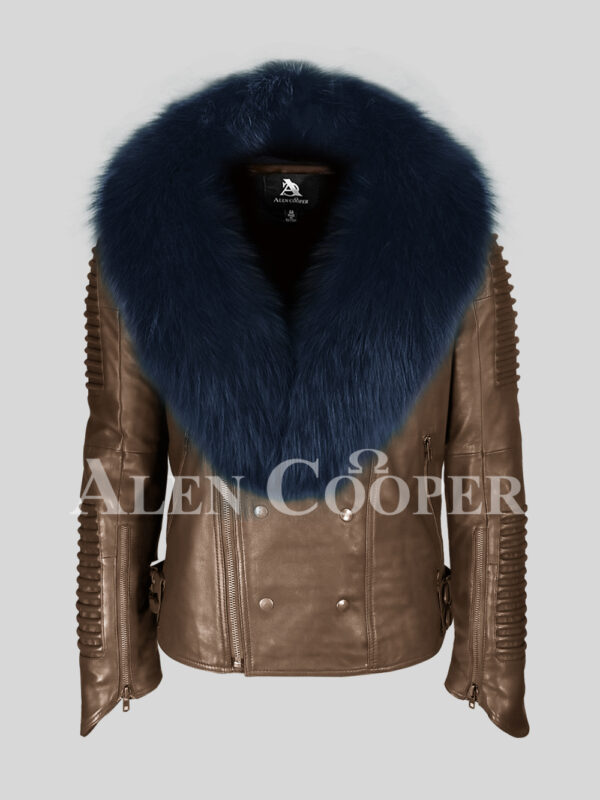 Coffee pure lamb skin winter biker jacket with navy fox fur collar for men