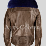 Coffee pure lamb skin winter biker jacket with navy fox fur collar for men baxk side view