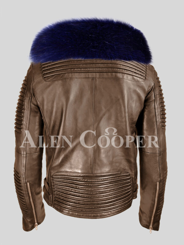 Coffee pure lamb skin winter biker jacket with navy fox fur collar for men baxk side view