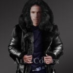 Heavy duty super warm and comfortable double face sheepskin Biker jacket with real fur trim hood in black new view