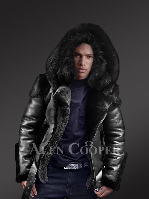 Heavy duty super warm & comfortable double face sheepskin Biker jacket with real fur trim hood in black new