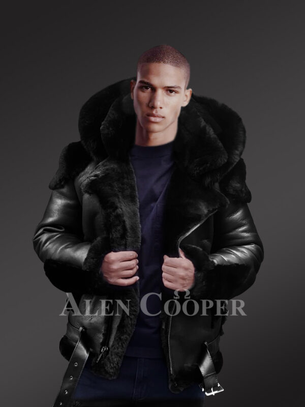 Heavy duty super warm n comfortable double face sheepskin Biker jacket with real fur trim hood in black new views