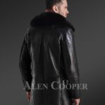 Long and stylish classic cut merino lamb fur lined leather coat for men New back side view