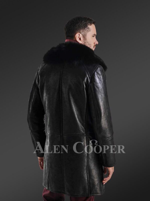 Long and stylish classic cut merino lamb fur lined leather coat for men New back side view