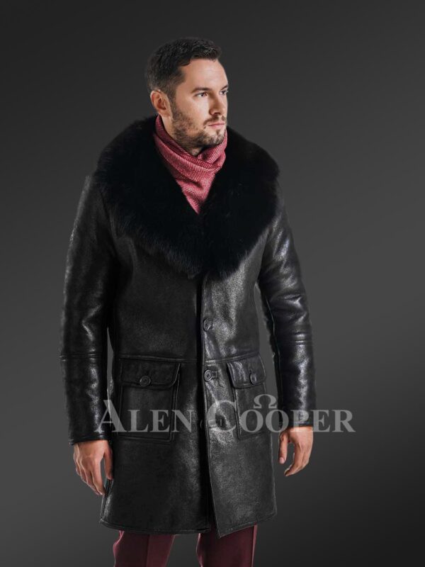 Long and stylish classic cut merino lamb fur lined leather coat for men New side view