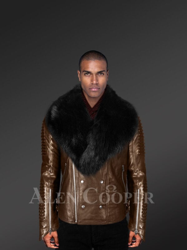 Coffee Brown Leather Jacket For Men, Winter Coats With Real Fur Collars