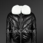 Mens iconic premium lamb skin black v-bomber jacket with detachable white fur collar new