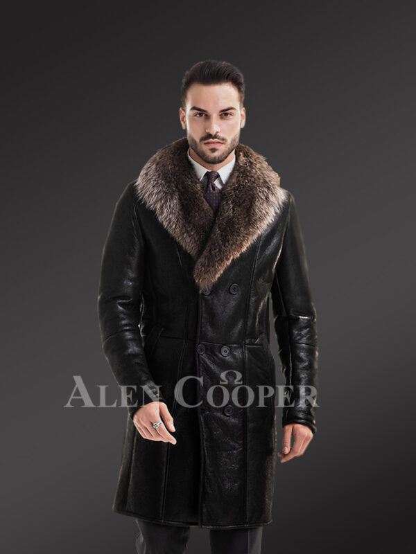 Mens long and solid coal black natural fur lamb coat with rich raccoon fur collar new view