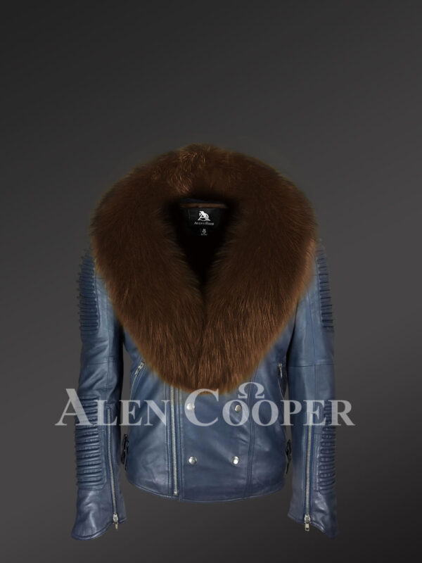 Men’s navy real leather super warm biker jacket with coffee fox fur collar new
