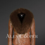 Men’s tan 100% real sheepskin winter biker jacket with coffee fox fur collar new