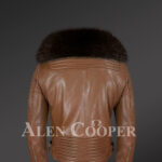 Men’s tan 100% real sheepskin winter biker jacket with coffee fox fur collar new back view