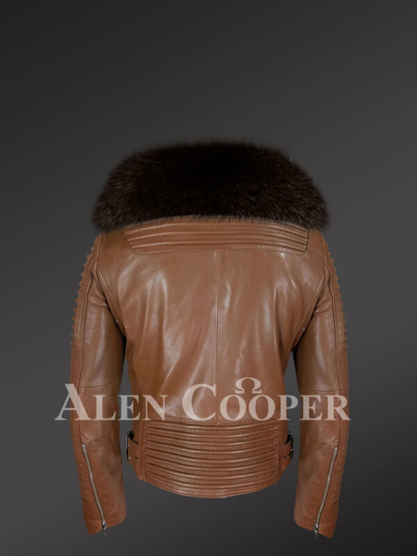 Men’s tan 100% real sheepskin winter biker jacket with coffee fox fur collar new back view