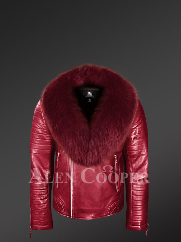Men’s Super Stylish Real Leather Wine Jacket With Wine Fox Fur Collar new