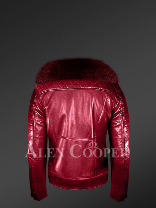 Men’s Super Stylish Real Leather Wine Jacket With Wine Fox Fur Collar new Back side views