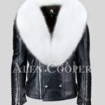 Men’s coal black real leather winter biker jacket with snow white fox fur collar