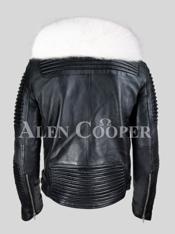 Men’s coal black real leather winter biker jacket with snow white fox fur collar baxk side view