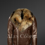 Men’s coffee winter lapel collar leather jacket with raccoon fur collar new