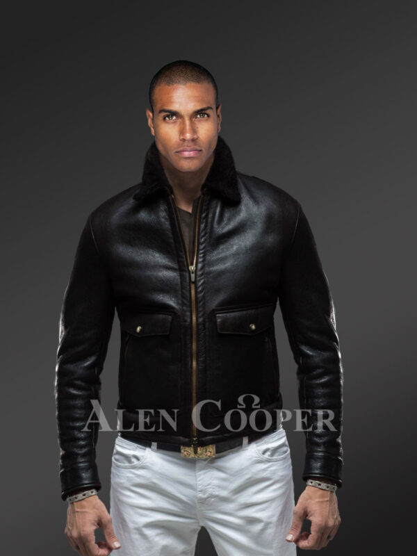 Men’s heavy duty super warm shearling aviator jacket with stylish turn down collar new