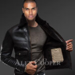 Men’s heavy duty super warm shearling aviator jacket with stylish turn down collar newview