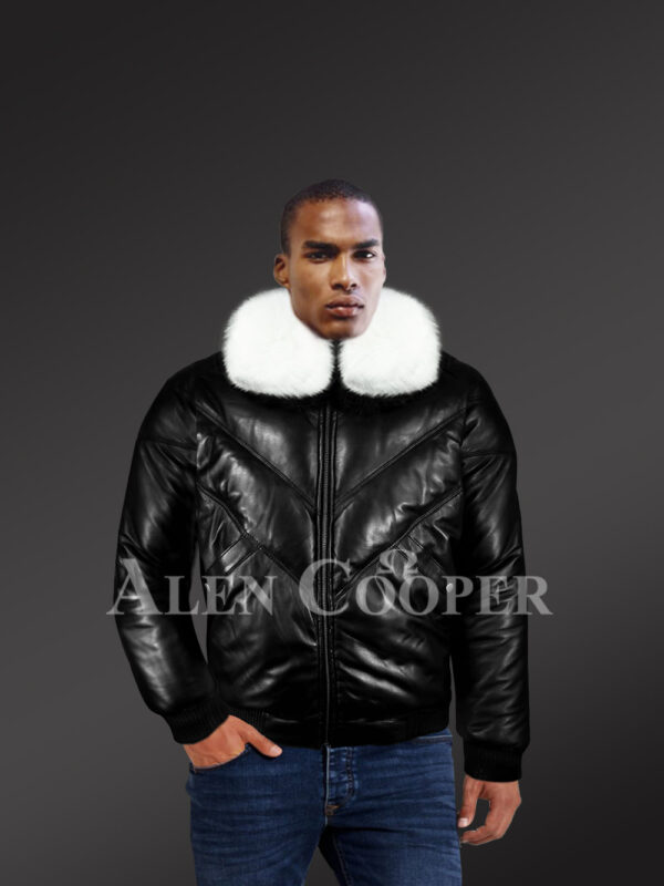 Men’s iconic premium lamb skin black v-bomber jacket with detachable white fur collar new