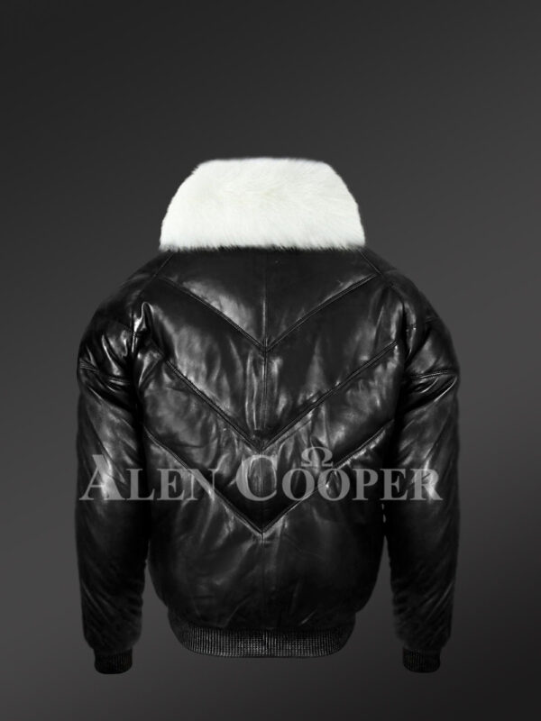 Men’s iconic premium lamb skin black v-bomber jacket with detachable white fur collar new back side view