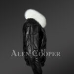 Men’s iconic premium lamb skin black v-bomber jacket with detachable white fur collar new side view