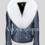 Men’s iconic sheepskin super warm navy biker jacket with snow white wide fox fur collar
